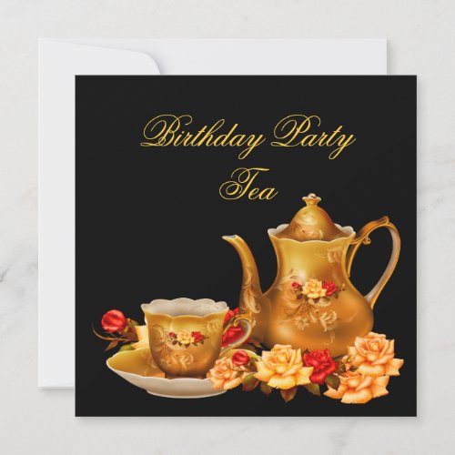 Elegant Birthday Party Tea Black Red Gold Invitation