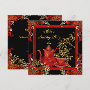Elegant Birthday Party Tea Red Gold Bamboo Invitation