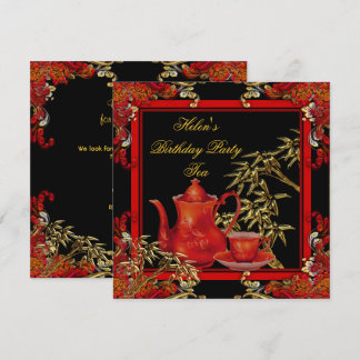 Elegant Birthday Party Tea Red Gold Bamboo Invitation