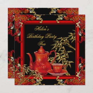Elegant Birthday Party Tea Red Gold Bamboo Invitation