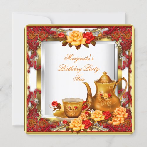 Elegant Birthday Party Tea Red Gold Orange Roses Invitation