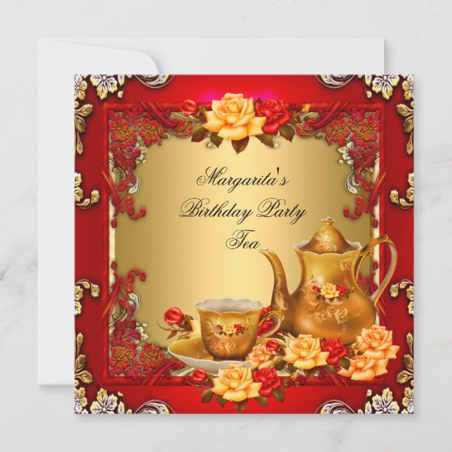 Elegant Birthday Party Tea Red Gold Roses Invitation (Front)