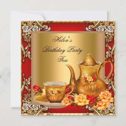 Elegant Birthday Party Tea Red Gold Roses Invitation