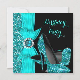 Elegant Birthday Party Teal Blue High Heels Silk Invitation