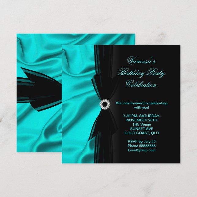 Elegant Birthday Party Teal Blue Silk Black Invitation (Front/Back)
