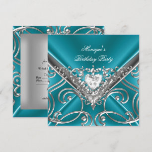 Elegant Birthday Party Teal Blue Silver Diamond Invitation