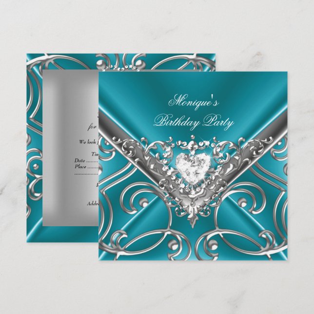 Elegant Birthday Party Teal Blue Silver Diamond Invitation (Front/Back)