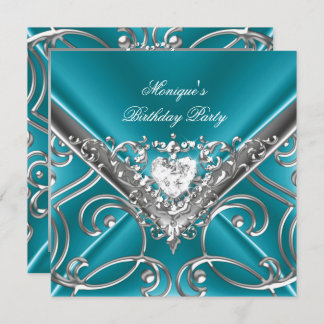 Elegant Birthday Party Teal Blue Silver Diamond Invitation
