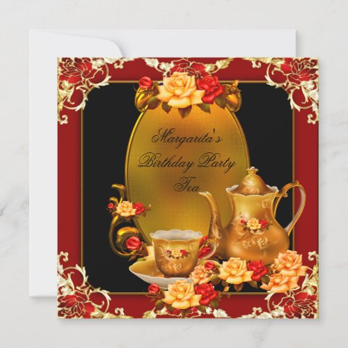 Elegant Birthday Party Vintage Tea Red Gold Roses Invitation