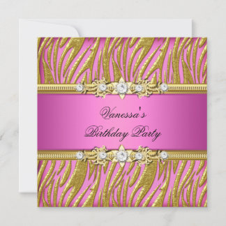 Elegant Birthday Party Zebra Pink Gold Invitation