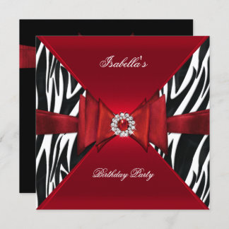 Elegant Birthday Party Zebra Red Black Diamond Invitation
