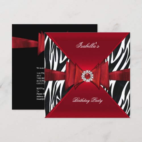 Elegant Birthday Party Zebra Red Black Diamond 5.25x5.25 Square Paper Invitation Card