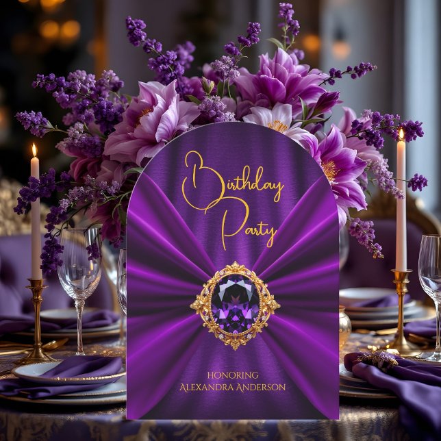 Elegant Birthday Purple Gold Jewel Faux Silk Invitation (Creator Uploaded)