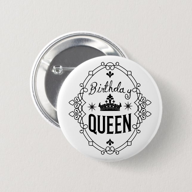 Elegant Birthday Queen Crown Typography White Button (Front & Back)