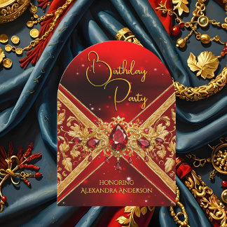 Elegant Birthday Red Gold Jewel Faux Embossed Invitation