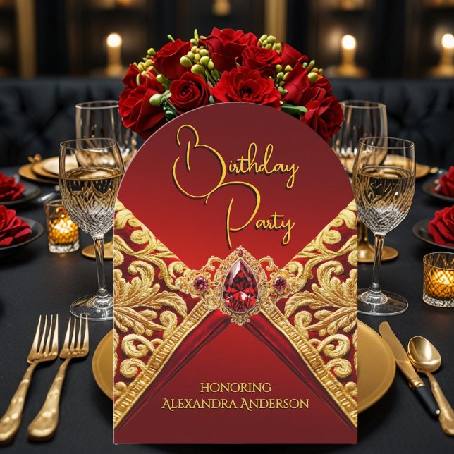 Elegant Birthday Regal Red Gold Jewel Fabric Invitation (Creator Uploaded)
