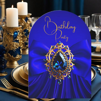 Elegant Birthday Royal Blue Bow Gold Jewel Invitation