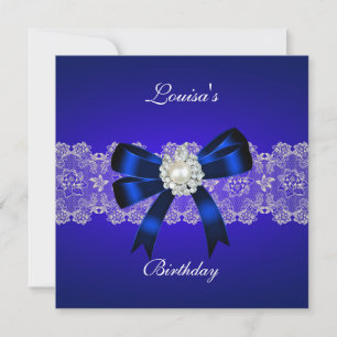 Elegant Birthday Royal Blue Pearl White Lace Invitation