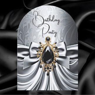 Elegant Birthday Silver Gray Gold Black Jewel Bow Invitation