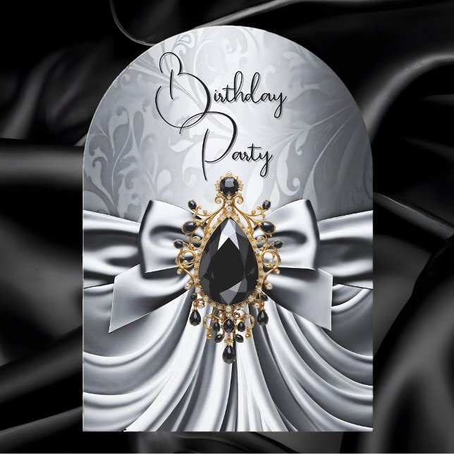 Elegant Birthday Silver Gray Gold Black Jewel Bow Invitation (Creator Uploaded)