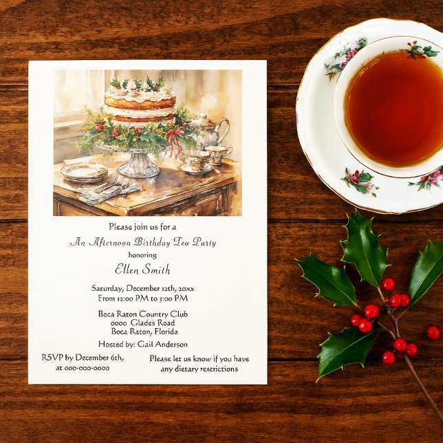Elegant  Birthday Tea Party  Invitation (Christmas birthday tea party invitation template )