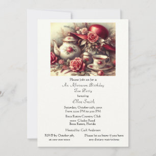 Elegant Birthday Tea Party Red Hat Invitation