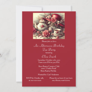 Elegant Birthday Tea Party Red Rose Invitation