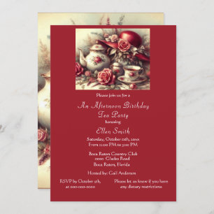 Elegant  Birthday Tea Party Red Rose  Invitation