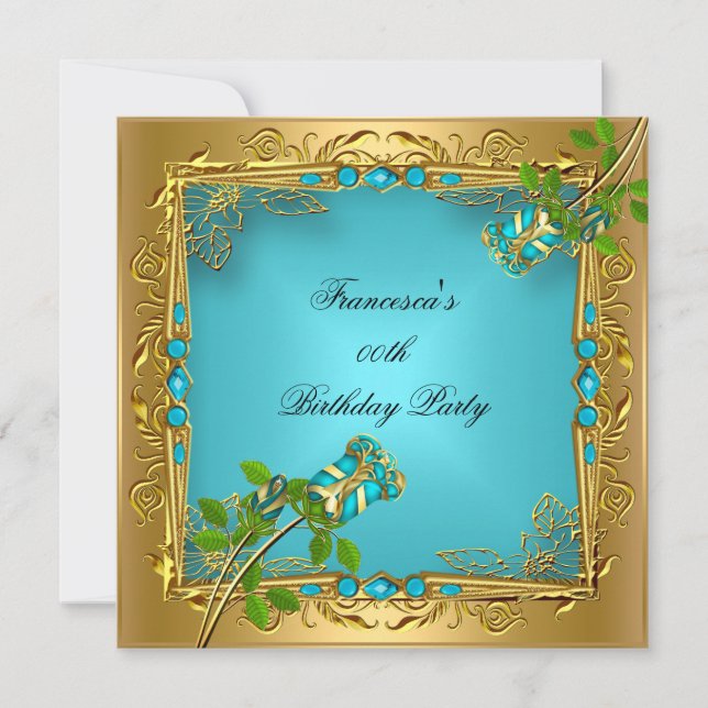 Elegant Birthday Teal Blue Roses Gold Invitation (Front)