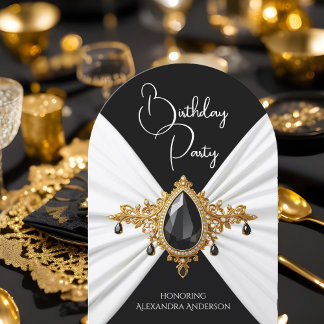 Elegant Birthday White Black Gold Jewel Silk Invitation