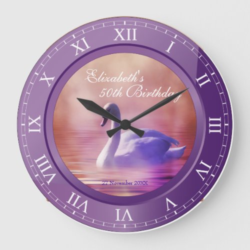 Elegant Birthday White Swan Purple Amethyst Photo Large Clock