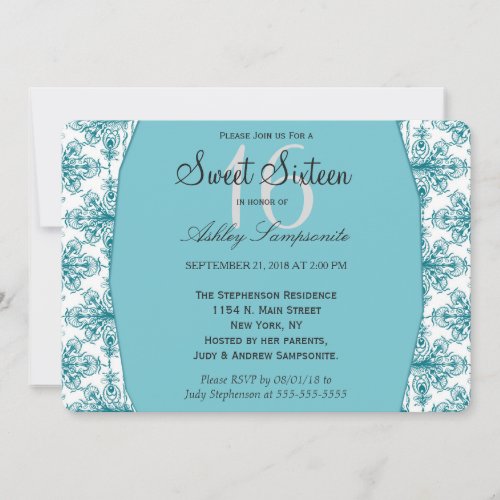 Elegant Biscay Bay Blue  White Damask Pattern Invitation