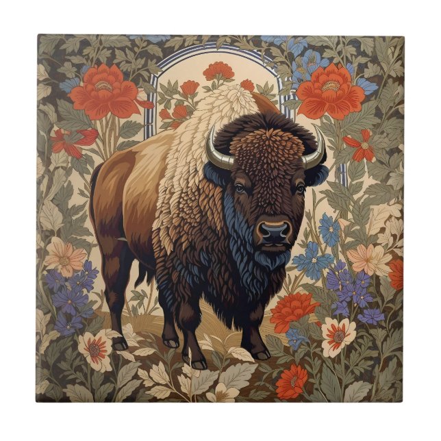 Elegant Bison William Morris Inspired Ceramic Tile (Front)