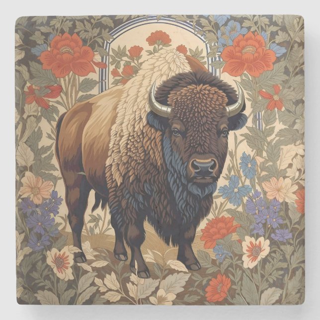 Elegant Bison William Morris Inspired Stone Coaster (Front)