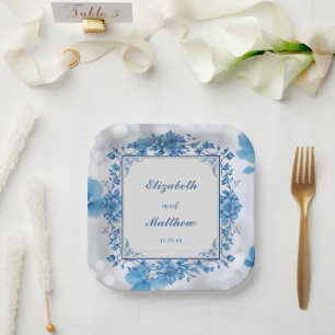 Elegant Biue & White Overlay Flowers wedding Paper Plates