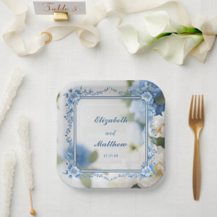 Elegant Biue & White Overlay Flowers wedding Paper Plates