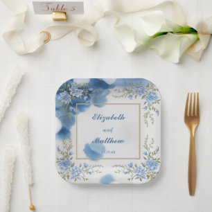 Elegant Biue & White Overlay Flowers wedding Paper Plates