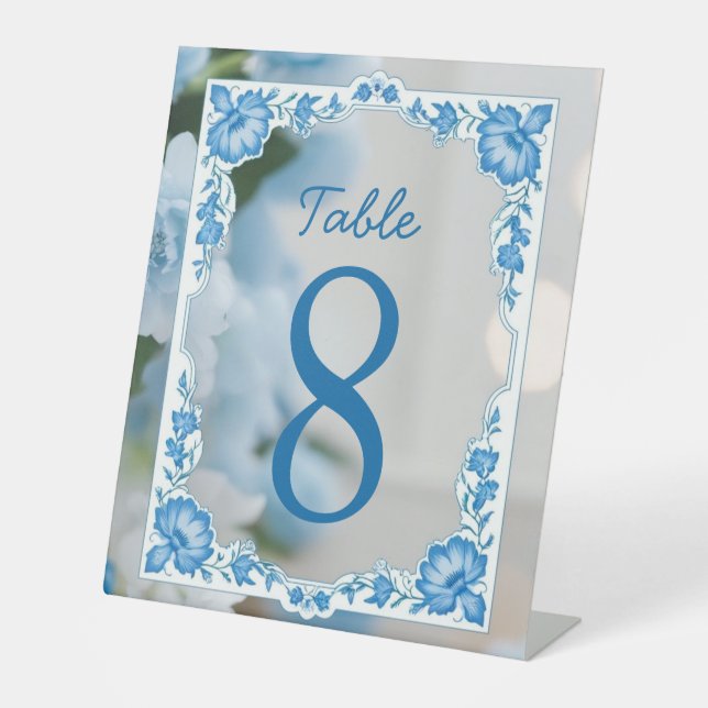 Elegant Biue & White Overlay Flowers wedding Pedestal Sign (Front)