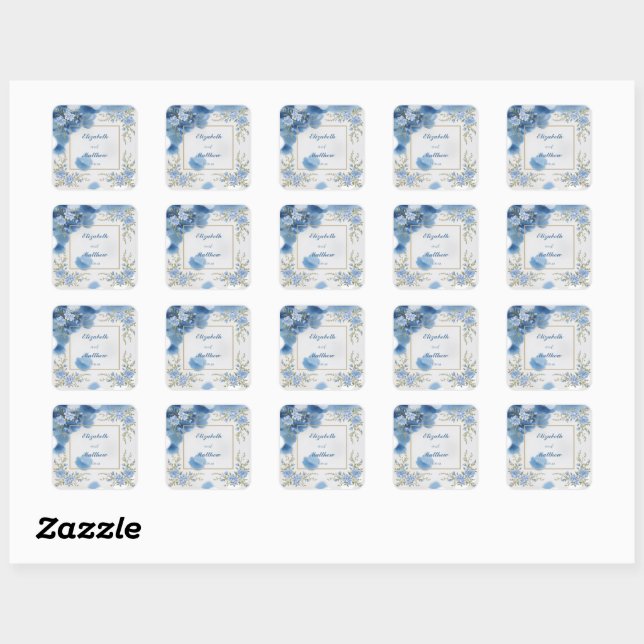 Elegant Biue & White Overlay Flowers wedding Square Sticker (Sheet)