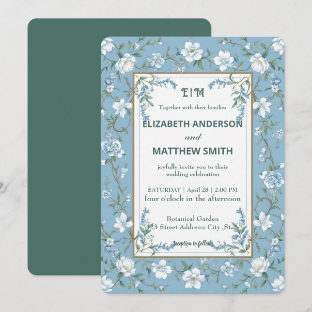Elegant Biue & White Overlay photo Flowers wedding Invitation (Front/Back)