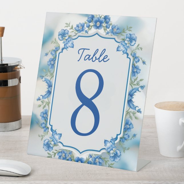 Elegant Biue & White Overlay photo Flowers wedding Pedestal Sign (In SItu)