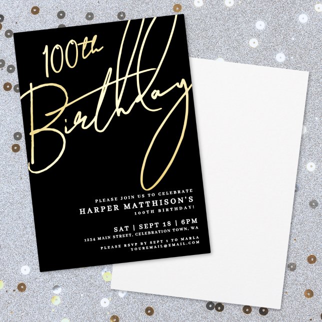 Elegant Black 100th Birthday Gold Foil Invitation (Elegant Black 100th Birthday Gold Foil Invitation)