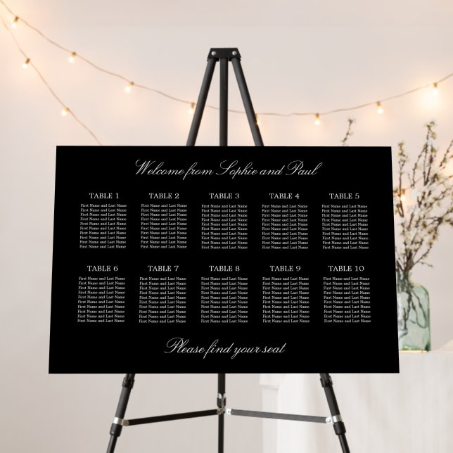 Elegant Black 10 Table Wedding Seating Chart Foam Board (In Situ (Stand))
