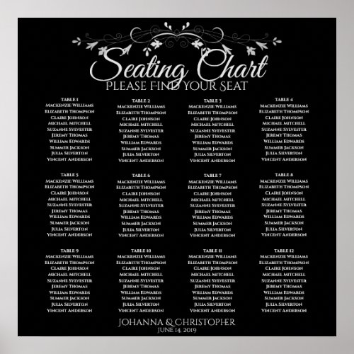 Elegant Black 12 Table Wedding Seating Chart