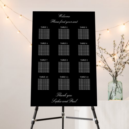 Elegant Black 12 Table Wedding Seating Chart Foam Board