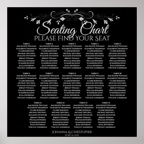 Elegant Black 14 Table Wedding Seating Chart