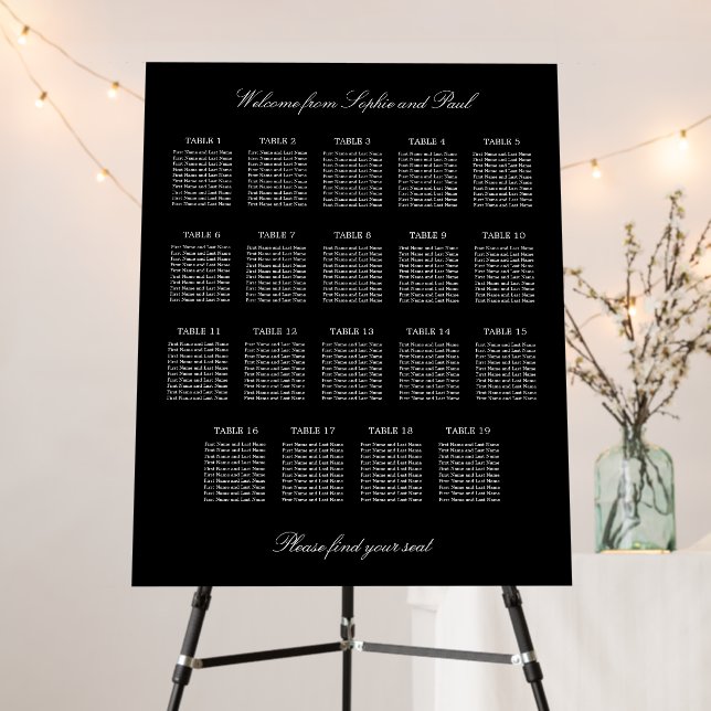 Elegant Black 19 Table Wedding Seating Chart Foam Board (In Situ (Stand))