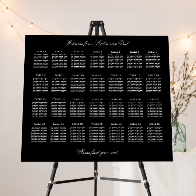Elegant Black 28 Table Seating Chart Foam Board (In Situ (Stand))