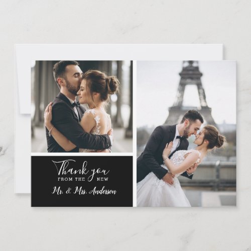 Elegant Black 2 Photo Collage Wedding Thank You Card