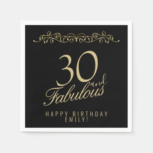 Elegant Black 30 and Fabulous 30th Birthday Napkins